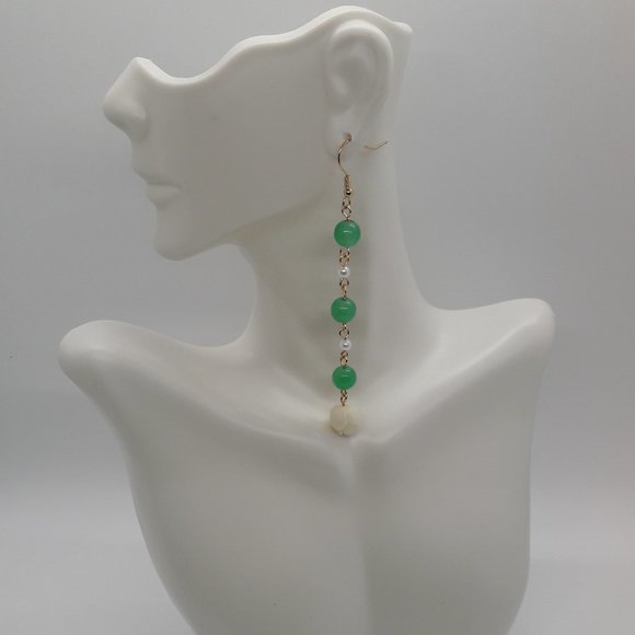 Jade Green, White & Gold | Dangle Earrings | Drop Earrings | Dainty | Delicate - Picture 1 of 5